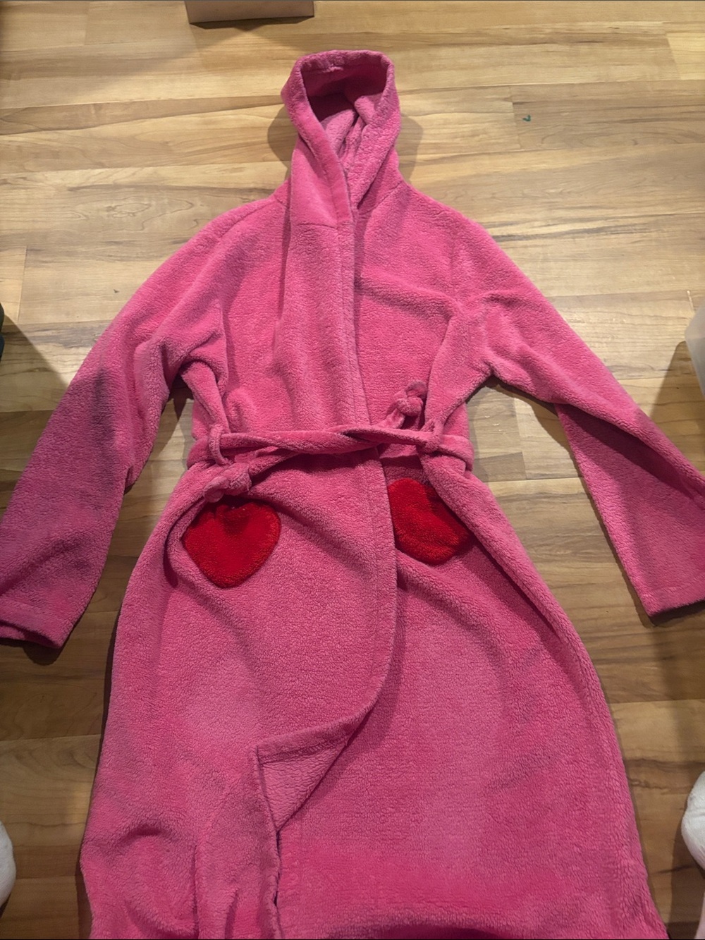 Lands' End Pink Hooded Fleece Robe with Red Heart Pockets